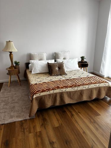 a bedroom with a large bed with wooden floors at Apartament ul Jodłowa Malinka in Opole