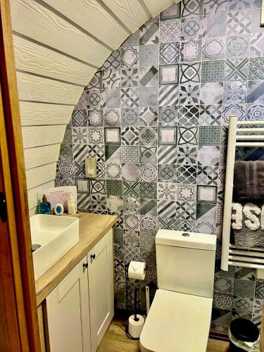 a bathroom with a toilet and a tiled wall at Arts Hollow in Binegar