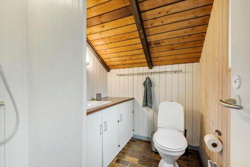 a bathroom with a toilet and a wooden ceiling at 0649-Toftlund-Ostmarken-49 in Toftlund