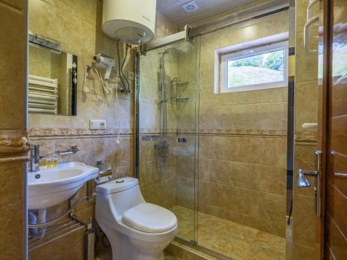 a bathroom with a shower and a toilet and a sink at Hotel Iveria in Abastumani
