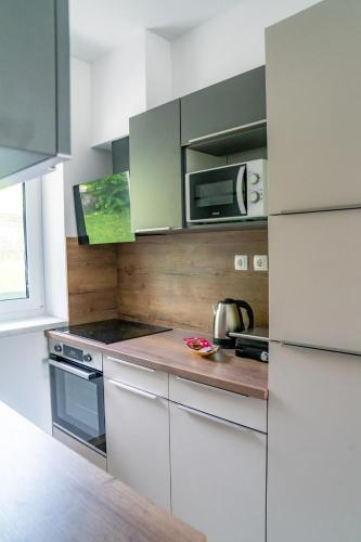 a kitchen with a stove and a microwave at Prenočišča Dany in Dravograd