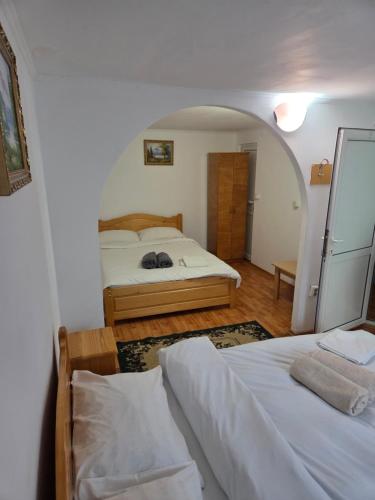 a bedroom with two beds and an arched doorway at Pensiunea Flora TransFăgărășan in Cumpăna