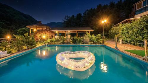a swimming pool with a bowl in the water at night at Gapyeong Swimteo Pet Pension in Gapyeong