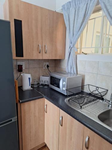 a kitchen counter with a microwave and a sink at Cozy Room in Ellisras