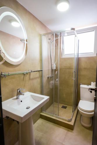 a bathroom with a sink and a shower and a toilet at Aurelius Hotel & Restaurant in Pljevlja