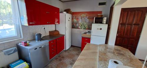 a small kitchen with red cabinets and a white refrigerator at U Janusza in Zadwórze