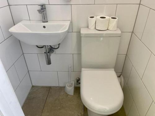 a white bathroom with a toilet and a sink at Big Group Stays in Brighton & Hove