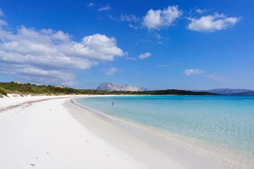 a beach with blue water and mountains in the background at Casa Marisella in San Teodoro