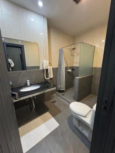 a bathroom with a toilet and a sink and a mirror at Hotel the Jeeven's in Sialkot