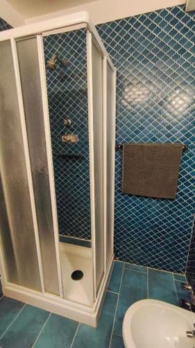 a bathroom with a shower with a sink and a toilet at Petit Flocon in Pila