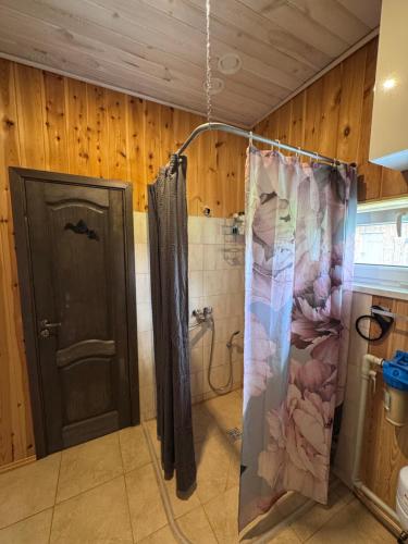 a shower curtain in a bathroom with a door at Zvaigznītes in Aglona