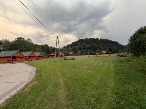 a large grass field with houses in the background at Domki na Podgórzu in Duszniki Zdrój
