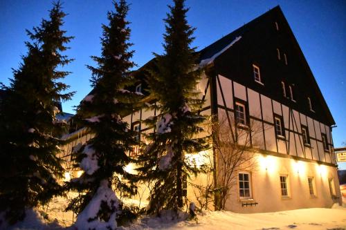 a building with christmas lights in the snow at Landhotel Altes Zollhaus in Hermsdorf