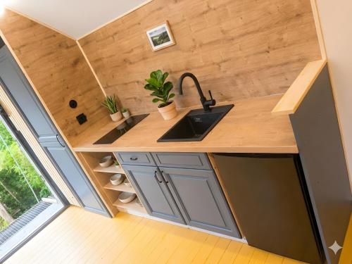 a tiny kitchen with a sink and a counter at Tinyhaus in Dornburg