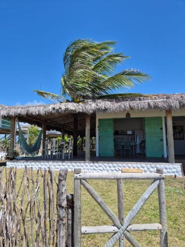 a house with a thatched roof and a palm tree at Villa Água Viva in Itarema