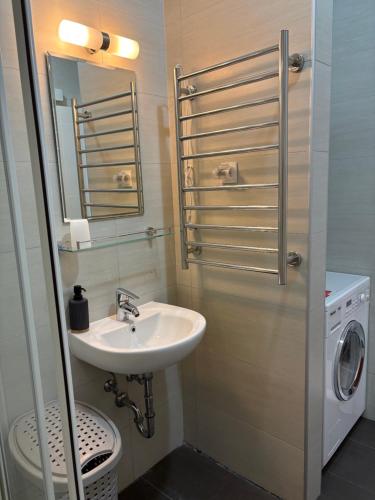 a bathroom with a sink and a washing machine at Acacia Hills D8 in Herceg Novi in Herceg-Novi
