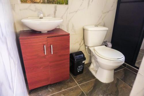 a bathroom with a white sink and a toilet at Parque de la Familia in Montenegro