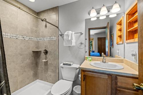 a bathroom with a toilet and a sink and a shower at Riverhouse in Clark