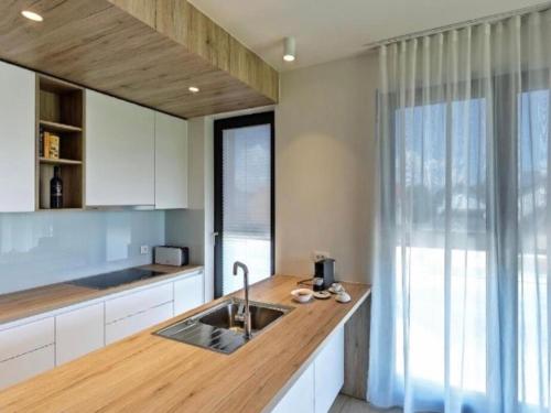 a kitchen with a sink and a large window at REGENTova SUITES Ljubljana in Ljubljana