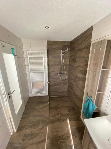 a bathroom with a shower with a glass door at Ferienwohnung "Auszeit" in Dobra