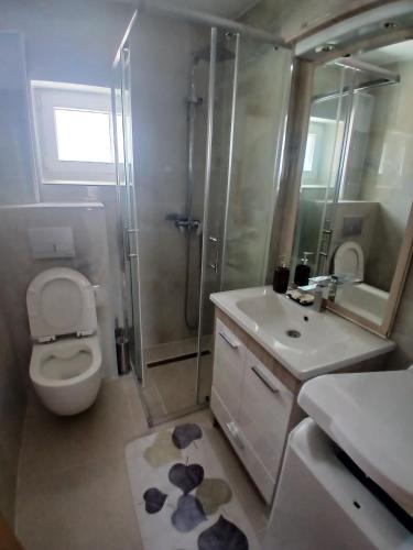 a bathroom with a toilet and a shower and a sink at Luce in Tomislavgrad