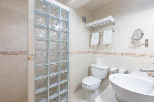 a white bathroom with a toilet and a sink at Hotel Victoria Merida in Mérida