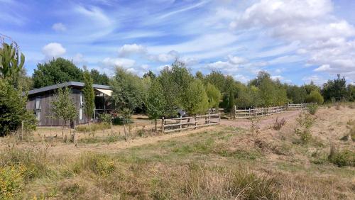 a barn in a field next to a fence at The Gallery Lodges in Braunton