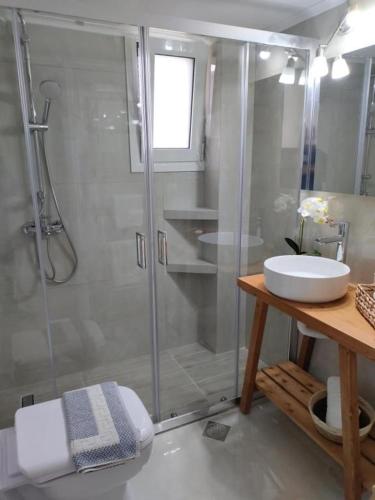 a bathroom with a shower and a sink at Nini's House Superior Nydri - 100m from beach NYDRI TOWN CENTER in Nydri