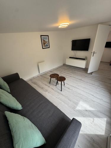 a living room with a couch and a flat screen tv at Sam's cocoon in Vicq-sur-Nahon