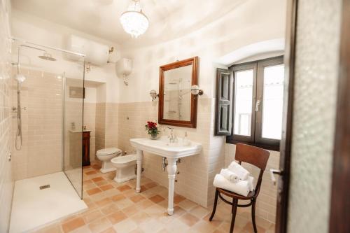 a bathroom with a sink and a toilet and a shower at B&B Palazzo Agrippa in Bominaco