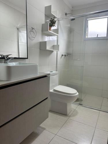 a bathroom with a toilet and a sink and a shower at Apartamento Unisc in Santa Cruz do Sul