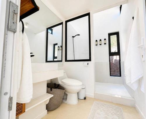 a white bathroom with a toilet and windows at Glaciar de Roca Lofts in Horcon