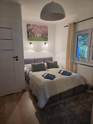 a bedroom with a bed with two blue dishes on it at Beskydy apartman Four Seasons in Hnojní