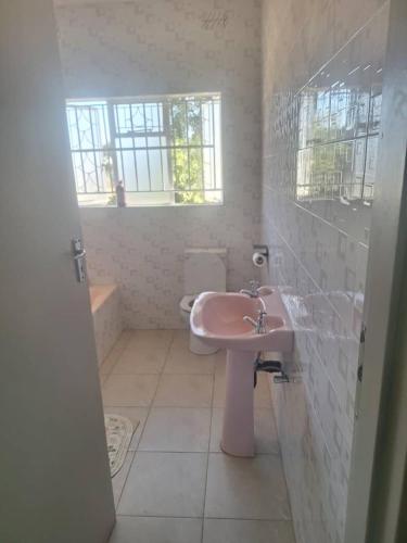a bathroom with a pink sink and a window at The Cave at 55 St Patricks in Harare