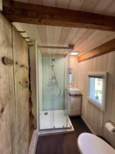 a bathroom with a shower and a sink at Ruhnu Bullers-Gita talu in Ruhnu