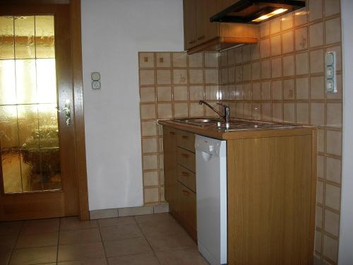 a kitchen with a sink and a counter top at Appartments Helvetia in Villabassa