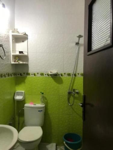 a green bathroom with a toilet and a shower at Superbé appartement bien équipé, situé à environ 300 Mètres de la plage Martil in Martil