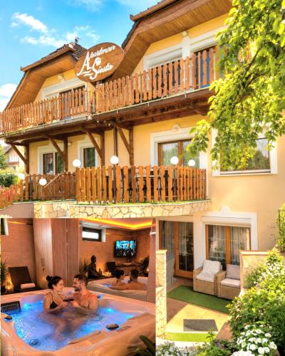 two people in a swimming pool in front of a house at Apartman Siesta Bük - Bükfürdő in Bük