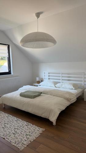 a bedroom with a large bed and a large light fixture at Nikola apartman in Arilje
