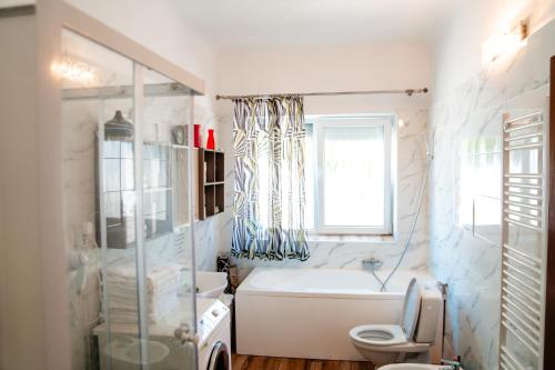 a bathroom with a tub and a toilet and a window at Casa Verde in Vaţa de Jos