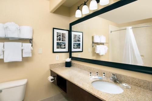 a bathroom with a sink and a mirror at Country Inn & Suites by Radisson, Houston Intercontinental Airport East, TX in Humble