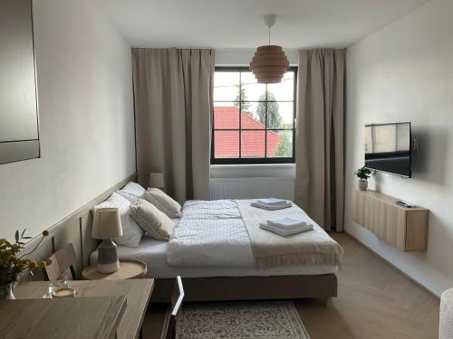 a bedroom with a bed and a desk and a window at Ivanka Apartments in Ivanka pri Dunaji
