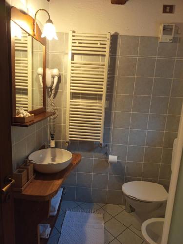 a bathroom with a sink and a toilet and a mirror at Agriturismo La Gerla in Cesana Torinese