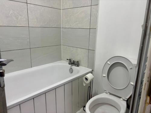 a bathroom with a toilet and a tub and a toilet paper roll at HomesRentals in Dudley