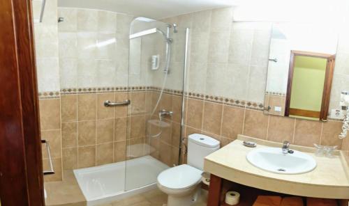 a bathroom with a toilet and a shower and a sink at Playamar Bungalows in Playa del Ingles