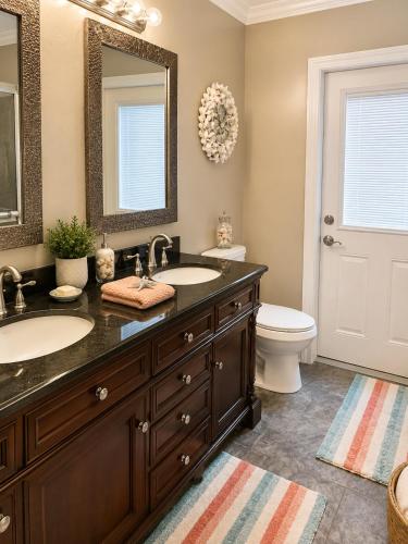 a bathroom with two sinks and a toilet at Tropical Oasis 10th in Bradenton