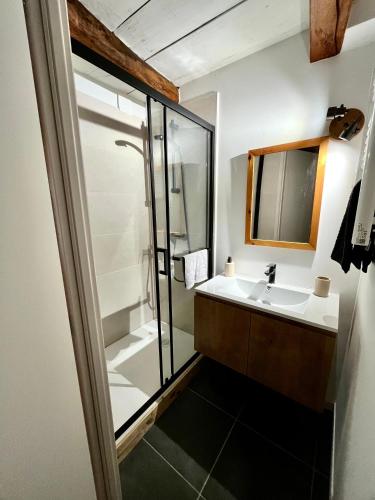 a bathroom with a sink and a shower at Suite Église in Veynes