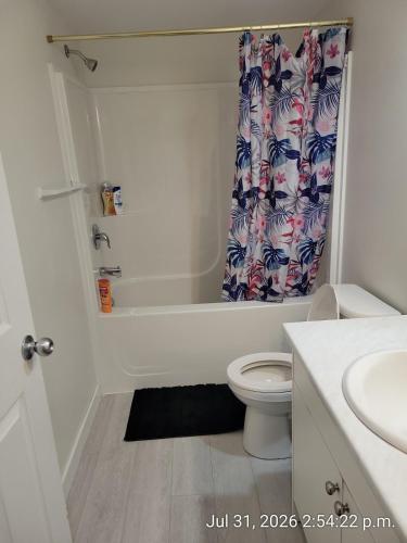 a bathroom with a toilet and a shower curtain at Private 2 bedroom suite close to everything! in Maple Ridge
