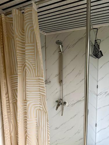 a shower in a bathroom with a shower curtain at Barrel de Verreblik in Pieterburen