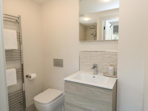 a bathroom with a sink and a toilet and a mirror at 12 Manor Farm Close in Kingham